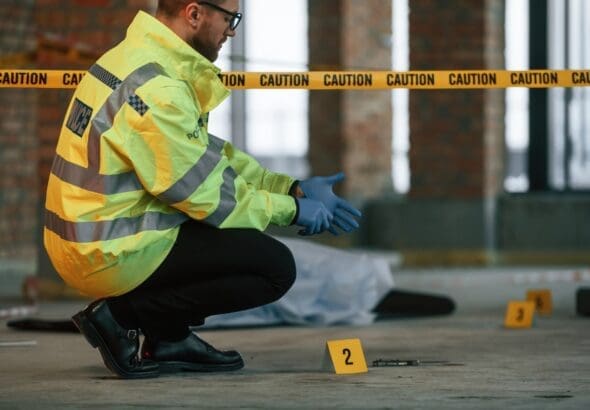 Wearing,Gloves.,Male,Detective,Is,Collecting,Evidence,In,A,Crime