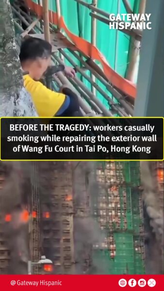 BEFORE THE TRAGEDY: Workers smoking informally while repairing the exterior wall of Wang Fu Court