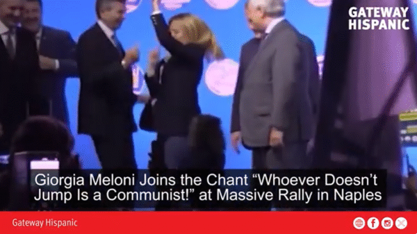 Giorgia Meloni Joins the Chant “Whoever Doesn’t Jump Is a Communist!” at Massive Rally in Naples